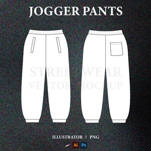 May include: A line drawing of jogger pants with a pocket on the back. The pants have a drawstring waistband and a cuffed bottom. The image is labeled "Jogger Pants" and "Streetwear Vector Mockup".