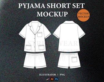 May include: A white pajama short set mockup with a collared shirt and shorts. The shirt has a button-up front and a pocket on the left chest. The shorts have a pocket on the right side. The text "VECTOR MOCKUP" is in a red circle on the top right corner of the image.
