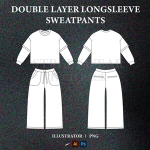 May include: A white double layer long-sleeved sweatshirt and sweatpants set. The sweatshirt has a crew neck and long sleeves. The sweatpants have a drawstring waistband and pockets.
