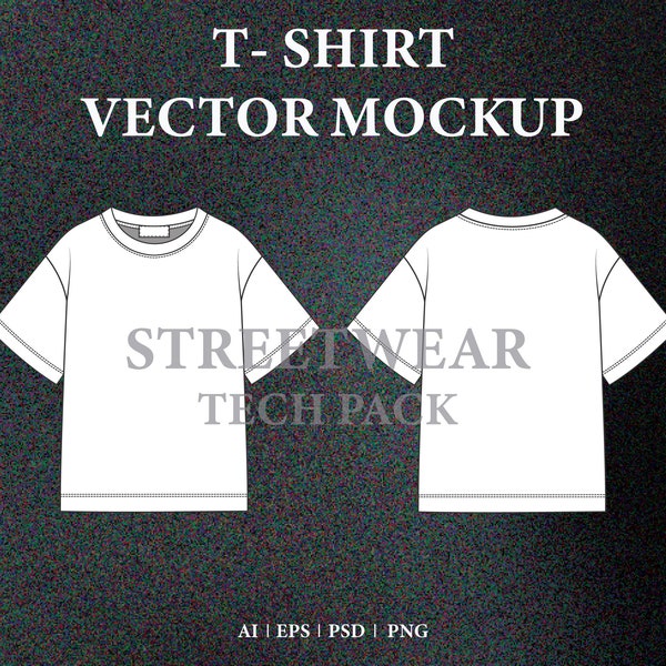 Streetwear T-Shirt Vektor Mockup Vorlage T-Shirt Umriss Skizze Tech Pack Mode Flach Illustrator Procreate PNG Mockup