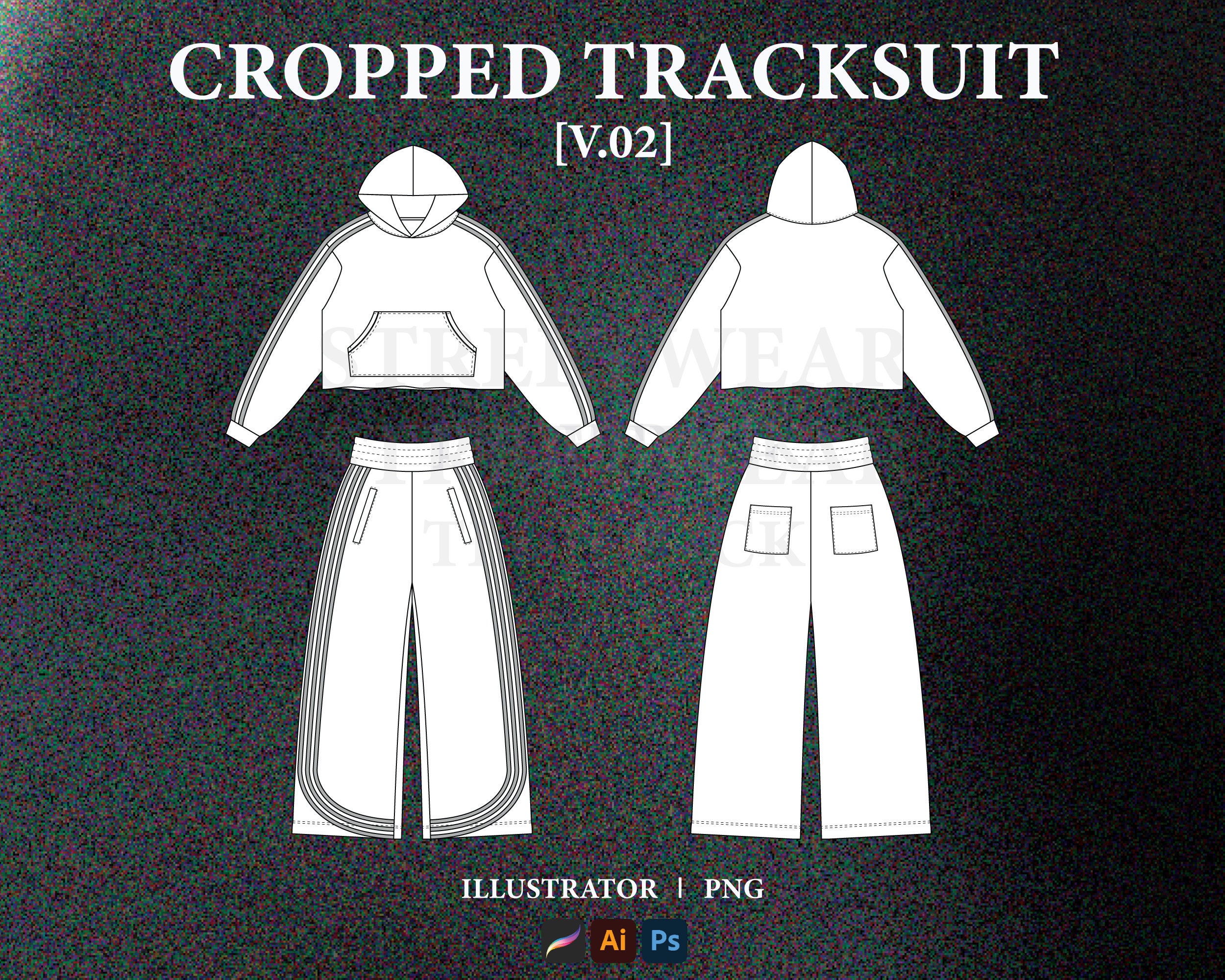Streetwear Tracksuit Vector Mockup: Cropped Hoodie Tech Pack (AI, PNG)