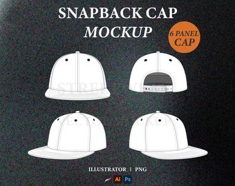 Snapback Cap Vector Mockup: 6 Panel Design Tech Pack Template (AI, PNG)