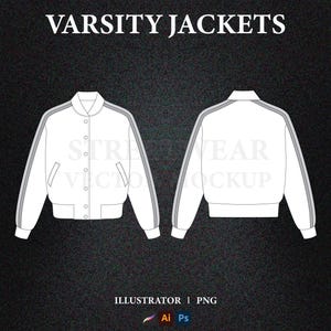 May include: A white varsity jacket design with grey stripes, shown from the front and back. The jacket has a button closure and pockets. The text "VARSITY JACKETS" is at the top. The background is dark.