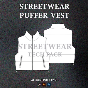 Könnte beinhalten: Eine weiße Steppweste mit Reißverschluss und zwei Taschen. Die Weste trägt den Aufdruck "STREETWEAR TECH PACK" auf der Vorderseite.