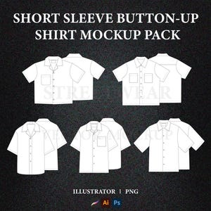 Può includere: Un pacchetto mockup con diverse camicie bianche a maniche corte con bottoni. Le camicie sono mostrate in varie pose, mostrando il design da diverse angolazioni. Il testo "SHORT SLEEVE BUTTON-UP SHIRT MOCKUP PACK" è in alto.