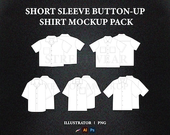 Paquete de maquetas de camisas de manga corta abotonadas: Plantillas vectoriales editables (AI, PNG)