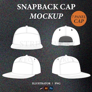 Snapback Cap Vector Mockup Hat 7 Panel Cap Snapback Mockup Template Streetwear Tech Pack  Template Clothing Mockup Pack Illustrator file.
