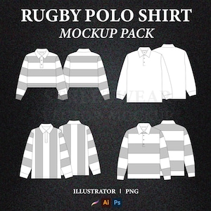May include: Mockup pack of five rugby polo shirts. The shirts are white with grey stripes. The shirts are long-sleeved and have a collar. The shirts are shown in different views. The text "RUGBY POLO SHIRT MOCKUP PACK" is at the top of the image. The text "ILLUSTRATOR | PNG" is at the bottom of the image.