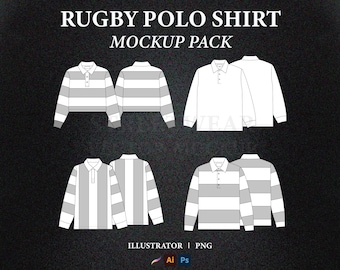 May include: Mockup pack of five rugby polo shirts. The shirts are white with grey stripes. The shirts are long-sleeved and have a collar. The shirts are shown in different views. The text "RUGBY POLO SHIRT MOCKUP PACK" is at the top of the image. The text "ILLUSTRATOR | PNG" is at the bottom of the image.