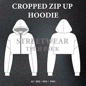 Cropped Zip Up Hoodie Clothing Mockup Vector Streetwear Hoodie Tech Pack Templates Download Digital Files PNG Illustrator Photoshop