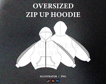 Oversized Zip Up Hoodie Vector Mockup Streetwear Hoodie Tech Pack Clothing Design Fashion Tech Pack Template Technical Drawing Illustrator