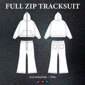 Flared Tracksuit Vector Mockup Streetwear Hoodie Tech Pack Template Full Zip Hoodie Mockup Clothing Technical Drawing Illustrator File.