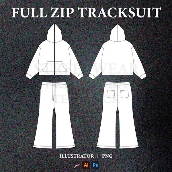 Flared Tracksuit Vector Mockup Streetwear Hoodie Tech Pack Template Full Zip Hoodie Mockup Clothing Technical Drawing Illustrator File.