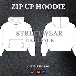 Zip Up Hoodie Vector Mockup Streetwear Tech Pack Template Download Fashion Flat Sketch Digital Files PNG for Procreate Illustrator Photoshop