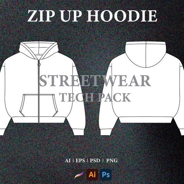 Zip Up sudadera con capucha Vector Mockup Streetwear Tech Pack Plantilla Descargar moda Flat Sketch Archivos digitales PNG para Procreate Illustrator Photoshop