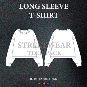 Long Sleeve T-shirt Mockup Streetwear Tech Pack Vector Mockup Clothing Design Fashion Tech Pack Template Technical Drawing Illustrator File