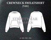Crewneck Sweatshirt mockup tech pack streetwear vector mockup blank tech pack template clothing fashion illustrator vector files PSD, PNG