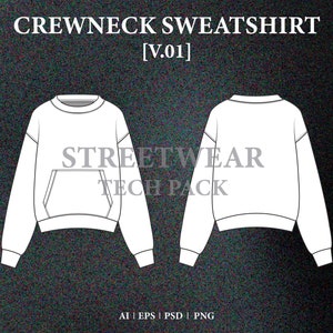 Crewneck Sweatshirt mockup tech pack streetwear vector mockup blank tech pack template clothing fashion illustrator vector files PSD, PNG