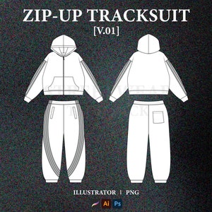 Streetwear Zip-Up Tracksuit Vector Mockup Track Pants Tech Pack Fashion Zip-Up Hoodie Tech Pack Template Technical Drawing Illustrator File