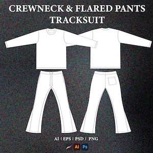 Streetwear Tracksuit Vector Mockup Streetwear Crewneck & Flared Pants Mockup Vector Fashion Tech Pack Template Technical Drawing Illustrator