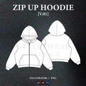 Streetwear Zip Up Hoodie Vector Mockup Streetwear Hoodie Mockup Hoodie Tech Pack Clothing Mockup Design Technical Drawing Illustrator File