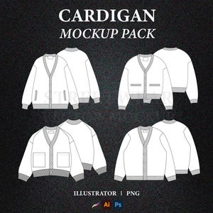 May include: A set of four white cardigan mockups, featuring different styles and button placements. The mockups are presented on a black background with the text "CARDIGAN MOCKUP PACK" and "ILLUSTRATOR | PNG" at the top and bottom of the image, respectively.
