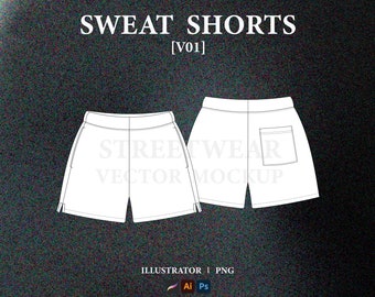May include: A black and white line drawing of a pair of sweat shorts. The shorts have a back pocket and side slits. The text "SWEAT SHORTS [VO1]" is at the top of the image. The text "STREETWEAR VECTOR MOCKUP" is in the center of the image.