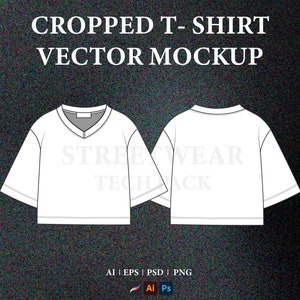 Streetwear V-neck cropped t-shirt vector mockup template T- shirt outline sketch tech pack Fashion flat illustrator Procreate PNG Mockup