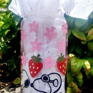 19 oz | Glass tumbler | Bamboo lid | Glass Staw | Strawberries | Pink Flowers | Snoopy | Cold Beverage Cup | On The Go | Reusable Cup