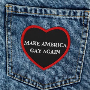 Naszywka z napisem „Make America Gay Again” w kształcie serca – zabawna naszywka z napisem „Pride” – naszywka do naszycia lub prasowania LGBTQ+ – dodatek do parodii politycznej