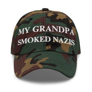 My Grandpa Smoked Nazis Hat – Geborduurde antifascistische vaderhoed, vintage-geïnspireerde statementpet, gedurfde politieke streetwear, ongestructureerde hoed