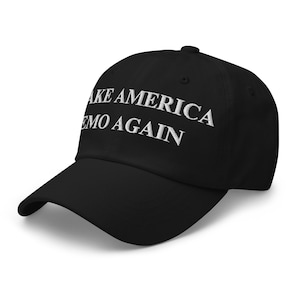 May include: Black baseball cap with white embroidered text that reads "Make America Emo Again".