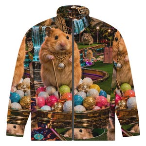 May include: A full-zip jacket featuring a whimsical design of a hamster playing golf. The jacket showcases a detailed print with a hamster wearing a gold chain and holding a golf club, surrounded by golf balls and a miniature golf course.