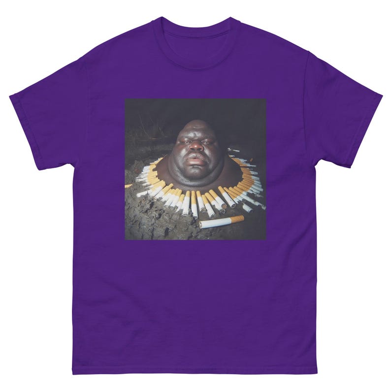 Gumbo Slice Funny Meme T-Shirt | Black Guy in Swamp Surrounded by Cigarettes | Viral Humor Tee | Unique Meme Merch