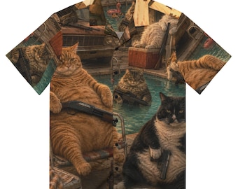Armed Cat Shirt, Funny Desert Motel Hawaiian Shirt, Gangster Cat Button Up, Poolside Outlaw Cats All Over Print