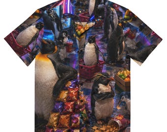 Camisa de gasolinera con pingüinos, camisa hawaiana divertida de tienda de conveniencia, camisa de botones con animales para la merienda de medianoche, estampado neón por toda la prenda