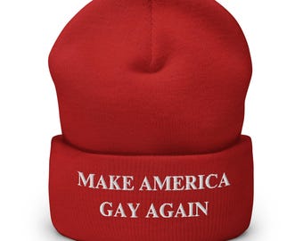 Make America Gay Again Beanie - Funny Pride Cuffed Beanie - LGBTQ+ Embroidered Winter Hat - Political Parody Gift - Cozy Knit Cap