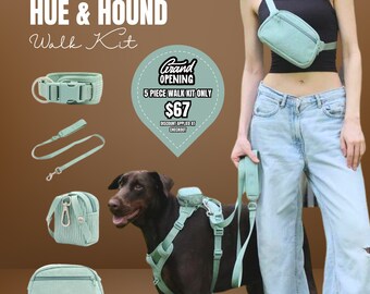 Cold Weather Walk Kit - Corduroy Dog Harness Set With Collar, Leash, Poop Bag & Walk Bag - Personalization Available - MINT GREEN