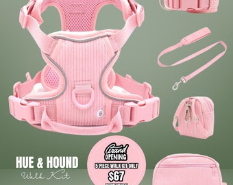 Cold Weather Walk Kit - Corduroy Dog Harness Set With Collar, Leash, Poop Bag & Walk Bag - Personalization Available - LIGHT PINK