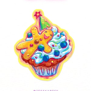 Délicieux et mignon petit gâteau au pain d'épice et aux bleuets livré avec un autocollant en vinyle mat, parfait pour un cadeau sucré, imprimé découpé et conçu par moi-même au QC