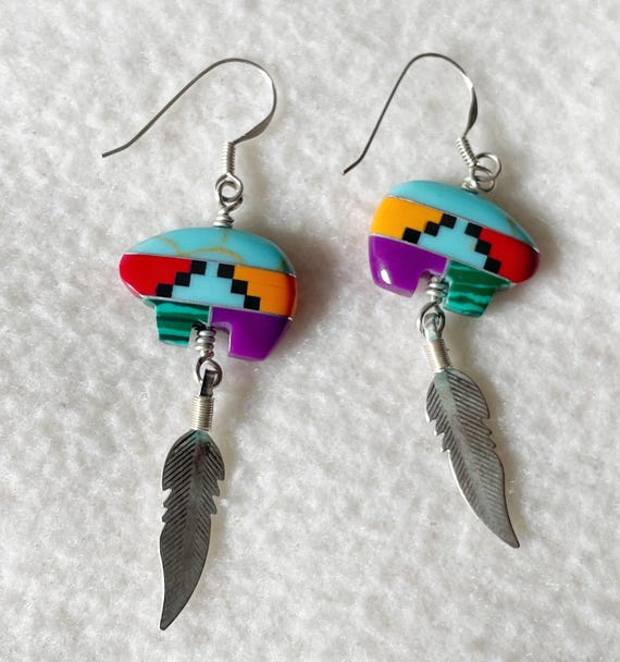 Native American Multicolor Bear and Dangling Feat… - image 2