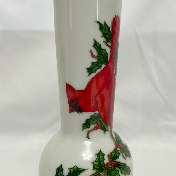 Collectible Vintage Lefton Christmas Cardinal and Holly Bud Vase with Gold Rim 6 inches tall