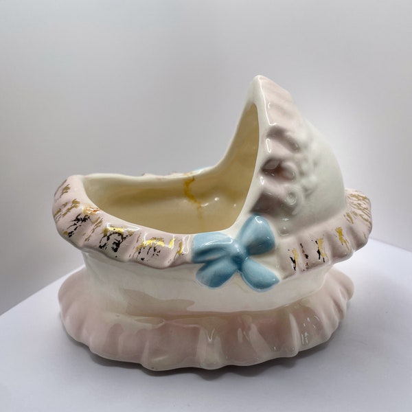 Darling Baby Bassinet Ceramic Vase in White, Soft Pink, Blue and Gold, Vintage 1960s, signed
