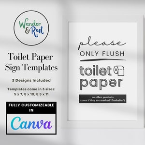 Flush Only Toilet Paper Sign Template, Printable Bathroom Decor