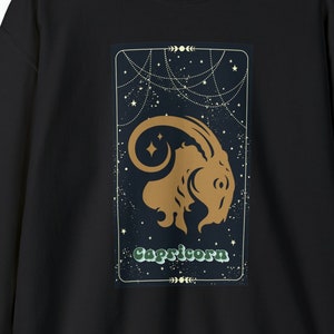 Sweat astrologie Capricorne, signes du zodiaque, cadeau d'anniversaire, idée Noël, chemise graphique Tarot noir mystique, chemise graphique rétro