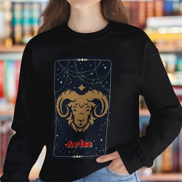 Aries Astrology Sweatshirt, Zodiac Signs, Birthday Gift, Christmas Idea, Mystic Black Tarot Graphic shirt, Retro Graphic shirt, Fire sign