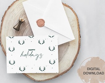 Modern Minimalist Christmas Card – Digital Download – Happy Holidays Antler Card