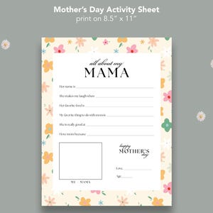 Impresión del Día de la Madre / Actividad para niños pequeños y familias / "Todo sobre mi mamá" Hoja para completar + Retrato / Descarga instantánea