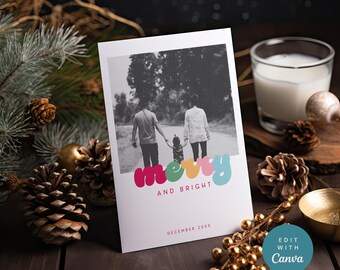 Colorful Retro Merry & Bright Holiday Card | Canva Template | Instant Download | Editable Christmas Photo Collage