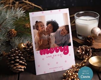 Retro Merry & Bright Photo Holiday Card | Editable Canva Template | Festive Digital Card | Instant Download | Customizable E-card